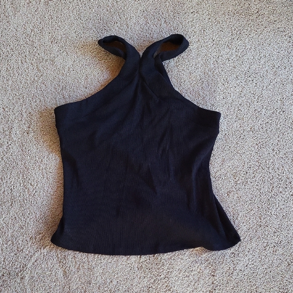 New York & Company Black Asymmetrical Fitted Tank Top